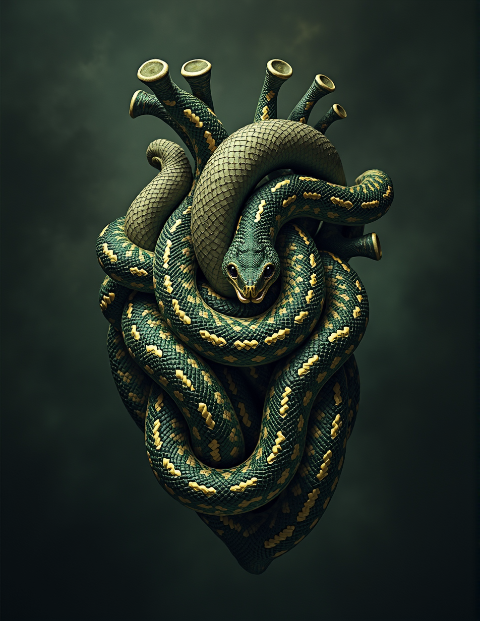 A green snake with yellow patterns on its scales, coiled tightly in a complex, knot-like structure that resembles a human heart against a dark background. The snake’s head is positioned at the front with its mouth closed and eyes open, giving it an alert appearance. 