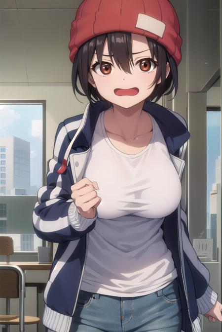 fuukoizumo, <lora:fuukoizumo-lora-nochekaiser:0.8>,
fuuko izumo, black hair, hair between eyes, (brown eyes:1.5), short hair, <lora:wavymouth_type3_v100:1>, open mouth,
BREAK shirt, white shirt, jacket, open jacket, pants, denim, beanie, red beanie,
BREAK looking at viewer,
BREAK indoors, classroom, (cowboy shot:1.5),
BREAK <lyco:GoodHands-beta2:1>, (masterpiece:1.2), best quality, high resolution, unity 8k wallpaper, (illustration:0.8), (beautiful detailed eyes:1.6), extremely detailed face, perfect lighting, extremely detailed CG, (perfect hands, perfect anatomy),