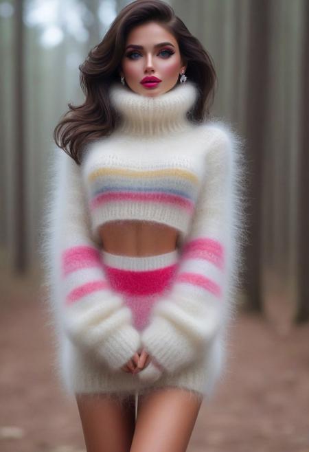 Masterpiece, score_9, score_8_up,  (((Annabell3L4ne))), (((Annabelle Lane))), <lora:Annabell3L4ne-sdxl:1:9>, 1girl, makeup, lips, dark hair, bobbed hair, big hair, lipstick, (((a bundle of arrows slung over the back and a bow in the hands))) (((fluorescent light glowing from weapons))). (((very expensive and luxury semi-transparent crochet Mohair_sweater_SDXL clothes))), (fur trim fluffy fuzzy shaggy hairy hirsute goosey bristled under-boob Mohair_sweater_SDXL):2.9, (white underboob turtleneck Mohair_sweater_SDXL with random blue and pink horizontal stripes):2.9, (((wide and sagging turtleneck))), parted lips, (((bimbo lips))), ((bow shaped lips))), Cupids bow, puckered lips, ultra-detailed lips, big lips, bimbo lips, huge lips, Mohair_sweater leg warmers, earrings, full size body legth, solo, looking at viewer, bokeh, focus, film, velvia, artistic, best quality, photograph, focus, looking at viewer, bokeh, focus, film, velvia, best quality, photograph, focus, earrings, forest