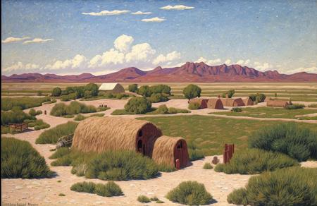 style of Henry Moret, ranch ,yard ,hacienda , Salt Flat , scene painting,scenery,a painting,