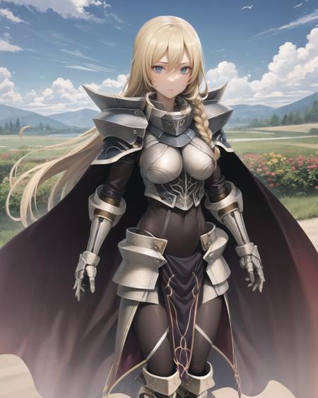 best quality, (masterpiece:1.2), illustration, absurdres,
(1girl, solo),  (beautiful detailed girl),
<lora:Arianrhod-09:1>, Arianrhod, blond hair, long hair, braid, blue eyes, large breasts, 
armor, knight, (shoulder armor, pauldrons:1.1), faulds, gauntlets, breastplate, (black_bodysuit:1.3), pantyhose, armored_boots, greaves, red waistcloak, cape,
calm, confident, looking at viewer,
magical forest, flowers, sky, clouds