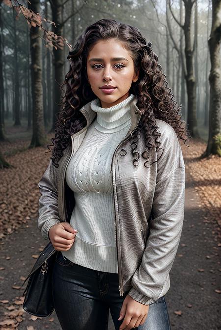 beautiful woman (Deb0r4G0m3s-420:.99), beautiful (curly hair:1.2), (autumn forest:1.1), elegant, autumn_leaves, leaves in wind, wind lift, natural skin texture, (fashionable trekking jacket), (turtleneck), sunset, cute smile, 24mm, 4k textures, soft cinematic light, adobe lightroom, photolab, hdr, intricate, elegant, highly detailed, sharp focus, ((((cinematic look)))), soothing tones, insane details, intricate details, hyperdetailed, low contrast, soft cinematic light, exposure blend, hdr, faded,