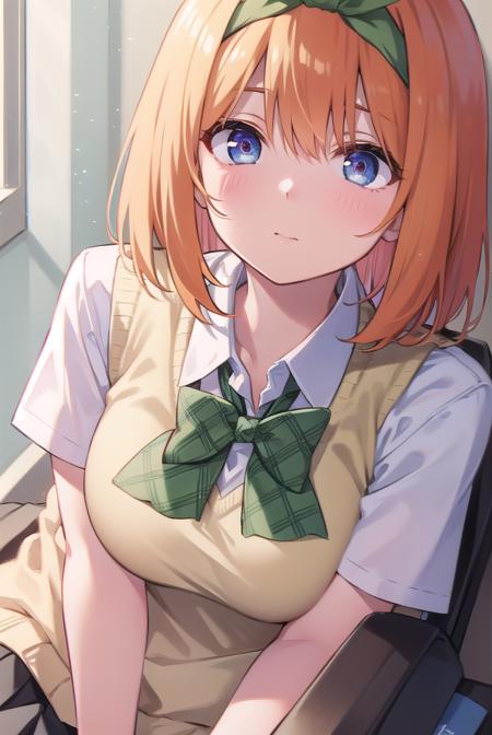 yotsubanakano, <lora:yotsubanakanotest:1>, yotsuba nakano, bangs, short hair, blue eyes, hair between eyes, hair ribbon, hairband, orange hair, green ribbon, BREAK skirt, shirt, bow, ribbon, school uniform, white shirt, short sleeves, pleated skirt, shoes, socks, collared shirt, miniskirt, bowtie, black footwear, kneehighs, green skirt, black socks, loafers, green bow, sweater vest, yellow sweater vest, green ribbon,, BREAK indoors, classroom, BREAK looking at viewer, BREAK <lora:GoodHands-vanilla:1>, (masterpiece:1.2), best quality, high resolution, unity 8k wallpaper, (illustration:0.8), (beautiful detailed eyes:1.6), extremely detailed face, perfect lighting, extremely detailed CG, (perfect hands, perfect anatomy),