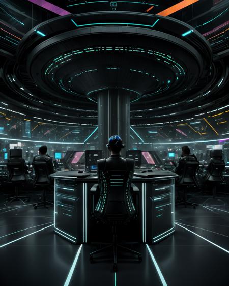 Dystopian newsroom, holographic journalists reporting on the latest events while surrounded by data streams and virtual info-graphics. , <lora:CP_SD15:1>