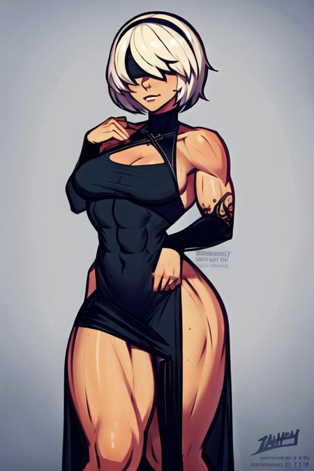 ((master piece)), absurdres, intricate details, 1girl, solo, abs, (dress), simple background, <lora:iahfy_v1:0.9>, 2B from nier:automata, white hair, short hair, blindfold, muscular arms, muscular legs, muscular thighs