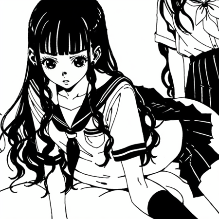 teenage, woman, long curly black hair with bangs, dressed school uniform, thigh-high skirt, shy, black and white, NANA, Ai Yazawa, manga, drawing lines, ink lines