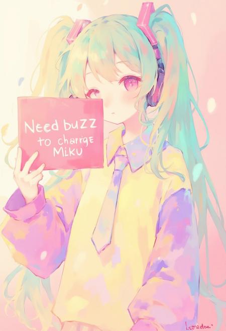 Hatsune Miku in soft pastel anime. Holding a sign saying "Need buzz to charge Miku"