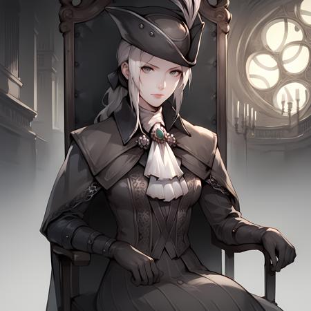 Lady Maria White hair, grey eyes, tricorne, gloves, hat feather, ascot, ponytail, cape,