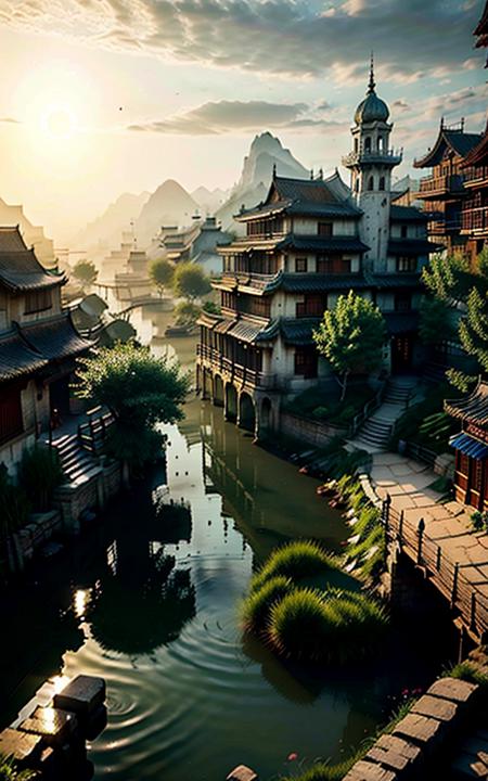 (best quality,ultra-detailed,realistic,RAW photo,8k uhd,ultra high res,photorealistic style,cinematic scenes, masterpiece,dramatic lighting,extremely detailed CG unity wallpaper) ,empty scene,canal town,<lora:CSAL_Jiangnan_v11_100:1>