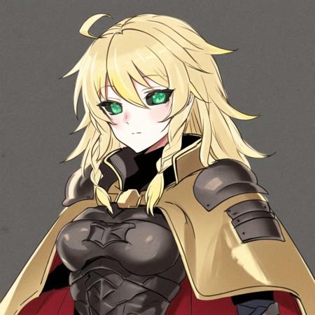 <lora:black_sclera3:1.0> , black_sclera, colored sclera, 1girl, ahoge, armor, blonde hair, braid, cape, fur trim, gauntlets, gorget, green eyes, helmet, serious, simple background, white background