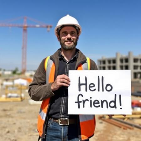 A man wearing a hard hat on a construction site holds a sign that reads: Hello friend