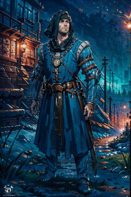 (masterpiece, top quality, best quality, official art, detailed:1.2), <lora:rocheW3:0.7>, rocheW3, looking up, armor, facial hair, beard, necklace, standing,  full body,  night, landscape, scenery, side view,