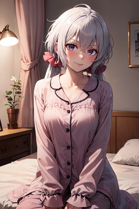 masterpiece, best quality, cowboy shot, looking at viewer, smile, chris yukine, long hair, low twintails, scrunchie, pajamas, sitting, indoors, night, bed, <lora:chris_yukine_v1:0.9>