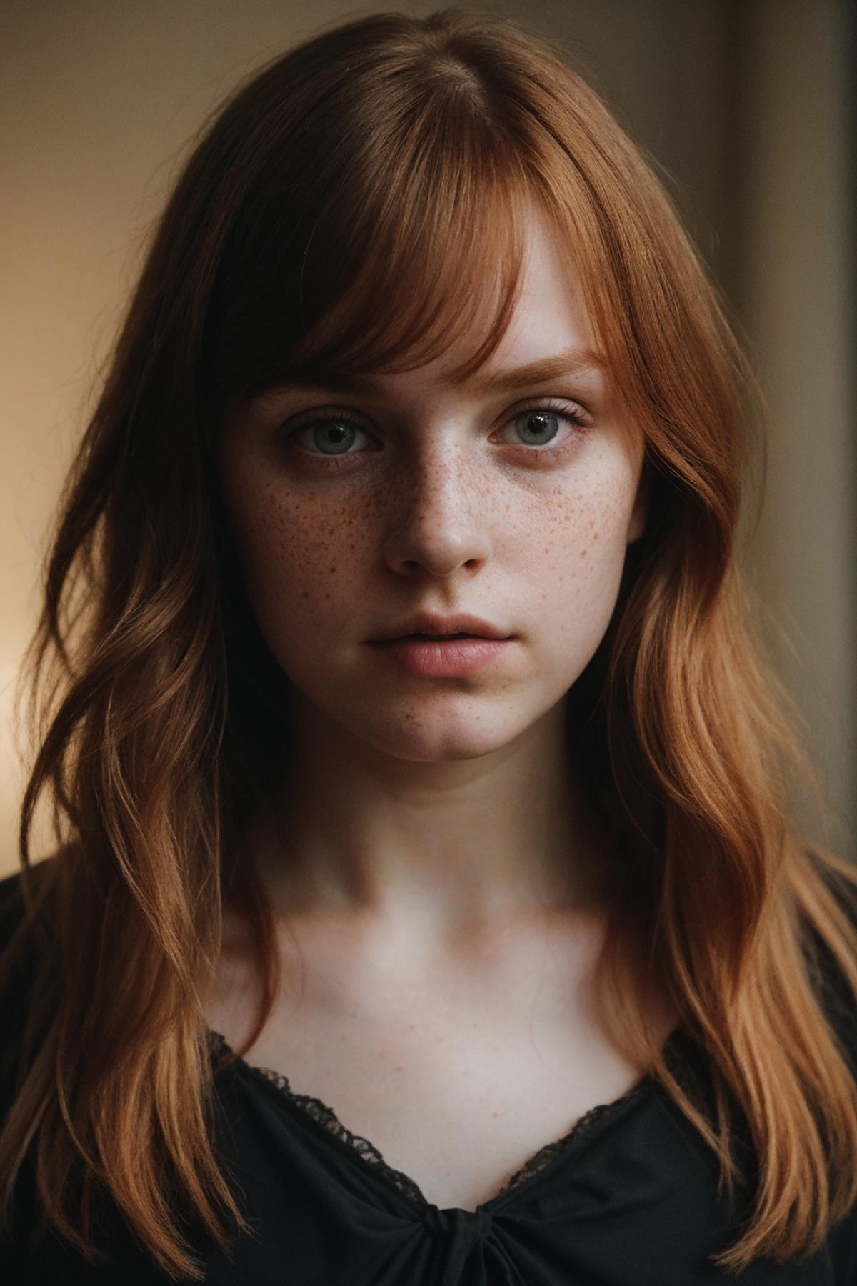 A close-up of a woman with freckles, red hair, and a neutral expression.