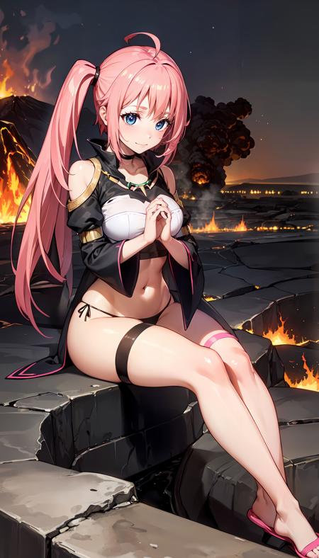 pink hair long hair twintails (white crop top) black sleeves black panties blue eyes ahoge one thighhigh one garter