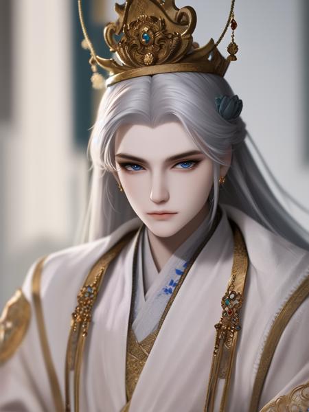 Best quality, masterpiece, highly detailed wallpaper, long hair, blue eyes, holding, blurry, long sleeves, blurry background, solo, 1boy, jewelry, white hair, chinese clothes, male focus, looking at viewer, crown, robe, hair ornament, closed mouth