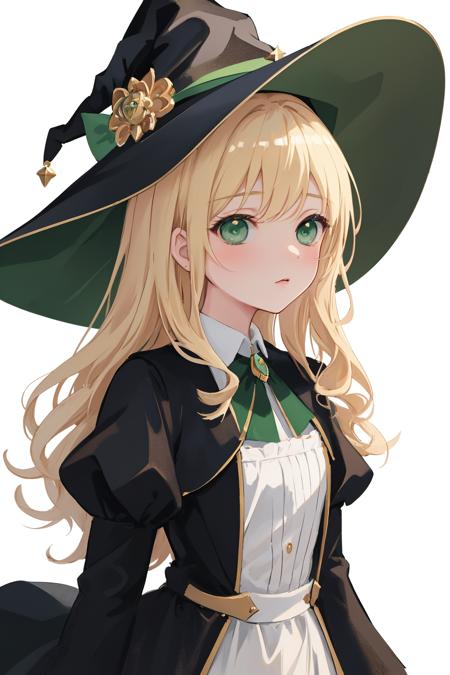 small breasts,masterpiece,best quality,{{masterpiece}},best quality,illustration,slanted eyes,oil paint,(((artwork))),((empty background)),((world masterpiece)),blond hair,green eyes,magician,witch,hat,dress,long sleeves,((portrait)),((white background)),wavy hair,