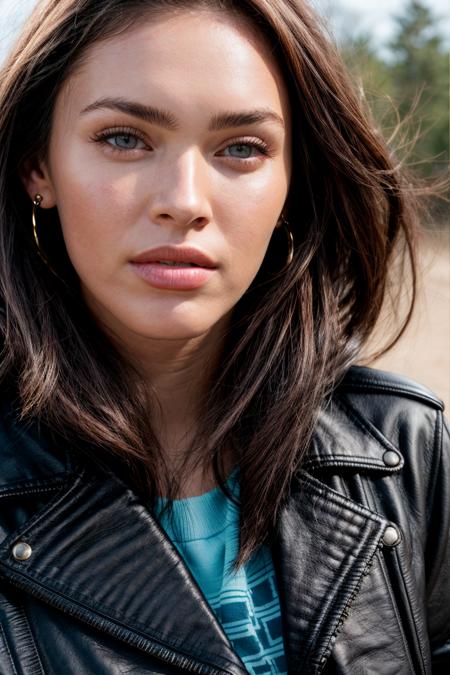 closeup portrait photo of megf,in a (leather jacket:1.2), detailed skin, 8k uhd, dslr, soft lighting, high quality, film grain, long hair, 4K, HDR, outdoors, sunny, portrait photo