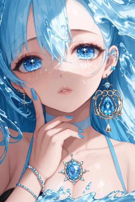 1girl, solo, blue eyes, jewelry, blue nails, gem, blue hair, looking at viewer, nail polish, blue gemstone, bangs, hand on own face, hair between eyes, blue theme, portrait, bracelet, white hair, lips, water, parted lips, earrings