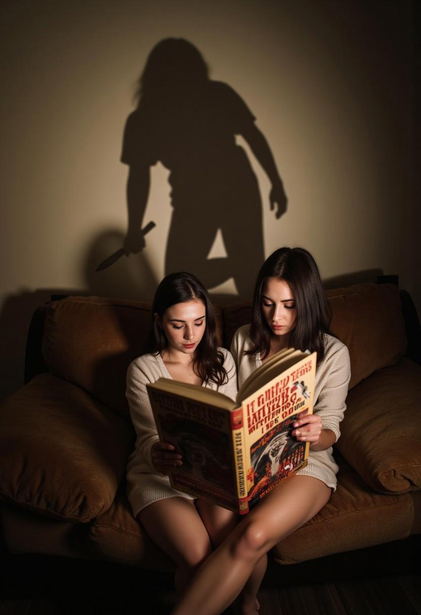 ((disturbing horror photograph of (2women sitting together on a soft loveseat in a livingroom), (the women are wearing very soft comfortable pajamas), ( they are reading a (very large illustrated horror book)), (woman on the left is holding the left side of the horror book), (the woman on the right is holding the right side of the horror book), ( together the women are holding the huge illustrated horror book open to display its terrifying and huge hardcover), (the image on the cover is extremely gruesome, the title is, "It Could Happen to You!")) ,
<< BREAK >> ,
((on the wall behind the 2 women reading the book "It Could Happen to You!" is only a terrifying menacing demonic shadow) , (the shadow appears to be holding a large knife)
[ (best quality), (8k photograph) , (using ultrawide fisheye lens) , aidmaimageupgrader , aidmaRealisticPeoplePhotograph ]