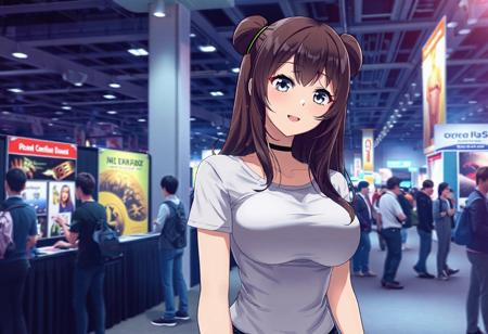 An anime picture of a beautiful woman   standing at the convention. She is wearing a tight T-shirt. She has large breasts and large ass  
<lora:hourglassv32_FLUX:1>