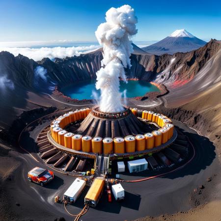 a power forge embedded in a volcano crater, conveyor belts moving molten battery material, engineers in insulated exosuits welding circuits, heat haze distorting the air, massive coils absorbing ambient energy, B4TT3R13S, made of batteries