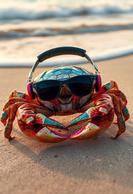 "On a sun-kissed beach, where waves whispered secrets to the shore, a retro crab grooved to the beat of a bygone era. Its shell, a mosaic of turquoise and mother-of-pearl, shimmered like a vintage convertible, while dark, cat-eye sunglasses perched on its forehead, exuding an air of cool, crustacean nonchalance. Hip, vinyl-encased headphones wrapped around its head, pulsating with the rhythms of a distant, vinyl-spun summer. As the crab's claws tapped out the beat, its shell would flash with a mesmerizing display of retro-futuristic lights, like a neon-lit, underwater disco, drawing in a swarm of entranced, beachcombing fireflies."highest-Quality, intricate details, visually stunning, Masterpiece