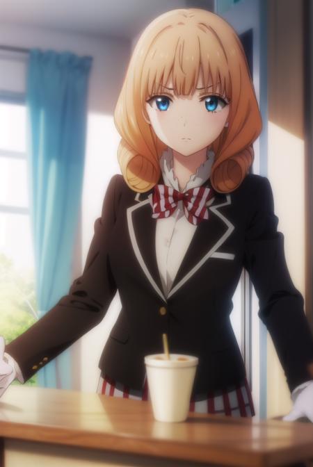 rikasaionji, <lora:rika saionji s1-lora-nochekaiser:1>,
rika saionji, blue eyes, orange hair, freckles, 
BREAK skirt, gloves, bow, school uniform, jacket, plaid, plaid skirt, blazer,
BREAK indoors, classroom,
BREAK looking at viewer,
BREAK <lyco:GoodHands-beta2:1>, (masterpiece:1.2), best quality, high resolution, unity 8k wallpaper, (illustration:0.8), (beautiful detailed eyes:1.6), extremely detailed face, perfect lighting, extremely detailed CG, (perfect hands, perfect anatomy),