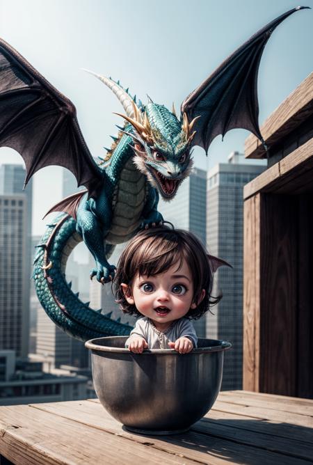 a great photo of 3D cartoon cute baby character, tiny chibi (dragon:1.3)_ <lora:add_detail:1>,  realistic, dynamic, action <lora:Background_Detail_v3:0.15>