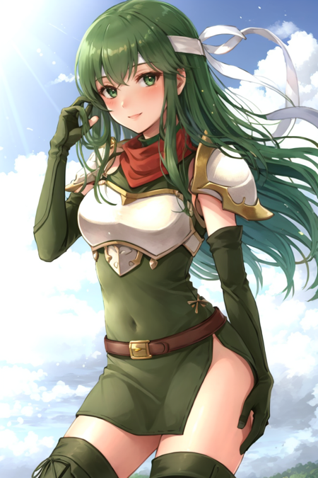 <lora:Palla-06:0.9>  palla_newmystery, 1girl, solo, long hair, smile, dress, BREAK (green elbow gloves:1.3), belt, BREAK (green fingerless gloves:1.3), armor, covered navel, BREAK green thigh boots, short dress, shoulder armor, side slit, breastplate, BREAK white headband, pegasus knight uniform (fire emblem)