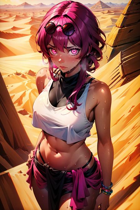 (masterpiece, best quality, absurdres), 1girl, solo, kafka, mommy kafka, pink eyes, glowing eyes, cowboy shot, looking at viewer,<lora:Kafka_V1-mani:0.8>, sweat, eyewear on head, loincloth, loose top, crop top, egyptian, desert