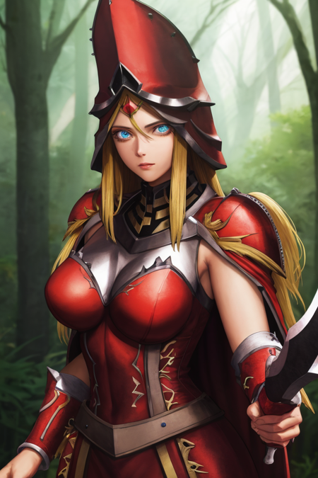 queensknight, blue eyes, large breasts, hat, weapon, cape, helmet, shield, red cape, BREAK park, nature, BREAK looking at viewer, (masterpiece:1.2), best quality, high resolution, unity 8k wallpaper, (illustration:0.8), (beautiful detailed eyes:1.6), extremely detailed face, perfect lighting, extremely detailed CG, (perfect hands, perfect anatomy),