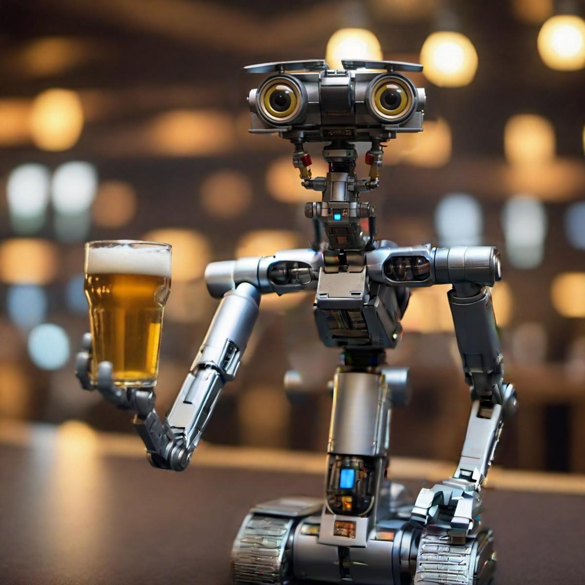 A robot character holds a glass of beer in a dark room.