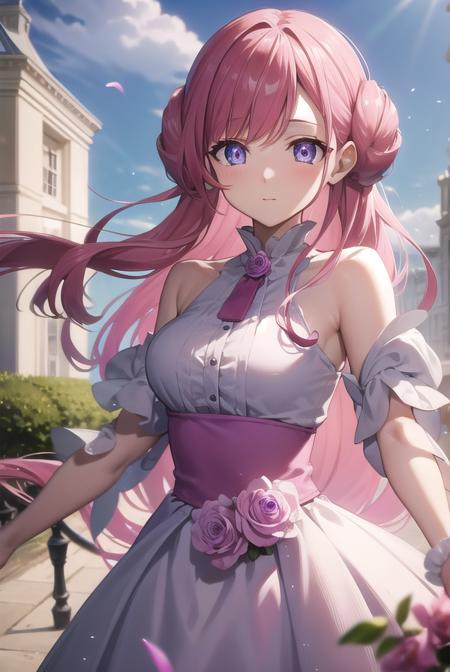 euphemia, <lora:euphemiatest:1>, 
euphemia li britannia, doughnut hair bun, hair bun, hair flower, hair ornament, long hair, pink hair, (purple eyes:1.1), (medium breast:1.2),
BREAK bow,  dress, frills, lace, ribbon,
BREAK looking at viewer,
BREAK outdoors, park,
BREAK <lora:GoodHands-vanilla:1>, (masterpiece:1.2), best quality, high resolution, unity 8k wallpaper, (illustration:0.8), (beautiful detailed eyes:1.6), extremely detailed face, perfect lighting, extremely detailed CG, (perfect hands, perfect anatomy),