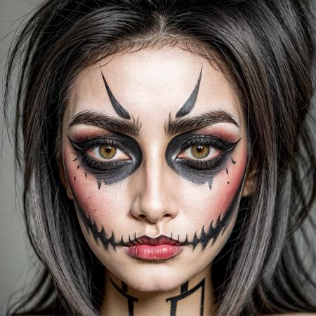  RAW photo, subject, 8k uhd, dslr, soft lighting, high quality, film grain, Fujifilm XT3,Ultra-detailed, Close-up portrait of a woman with striking symmetrical skull makeup.  One side of her face is painted in detailed black and white skull design, featuring intricate bone structure and teeth.  The other side of her face is a natural, light complexion.  Her light gray hair cascades around her shoulders.  Her expression is neutral and captivating,  with a subtly intense gaze.  She wears striking, vibrant, red lipstick, adding to the artistic appeal of the makeup.  The light-colored contact lenses with swirling designs further accentuate the unique artwork.  A small nose ring enhances the facial features.  The composition is centered, highlighting the dramatic contrast between the painted and natural sides of her face.  Soft, diffused lighting emphasizes the texture of the makeup and the subtle play of light on her skin.  The background is out of focus, suggesting a studio setting, with blurred soft light patterns.  The overall atmosphere is artistic and dramatic, evoking a feeling of both beauty and a Halloween-inspired theme.  Makeup style is dramatic, artistic, and detailed.