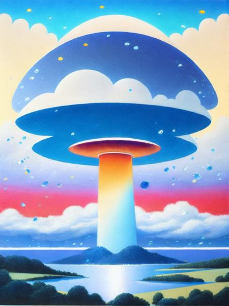 <lora:HiroshiNagai:1>a painting of a mushroom cloud in the middle of the sky with drops of water on it by Hiroshi Nagai