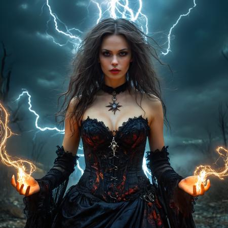 A realistic mesmerizing fantasy photo in the style of Gerald Brom of a beautiful female <lora:ohwx woman> witch. She is surrounded by an intricate swirl of dark ghostly spirits and fiery magic. Her beautiful revealing gothic dress is intricately detailed and shows her perfect physique. The composition features a soft, painterly background of dark greys and blacks with flashes of lightning, creating an atmosphere of danger. The lighting is soft and radiant. 7-EtherealPrints, artiangel,