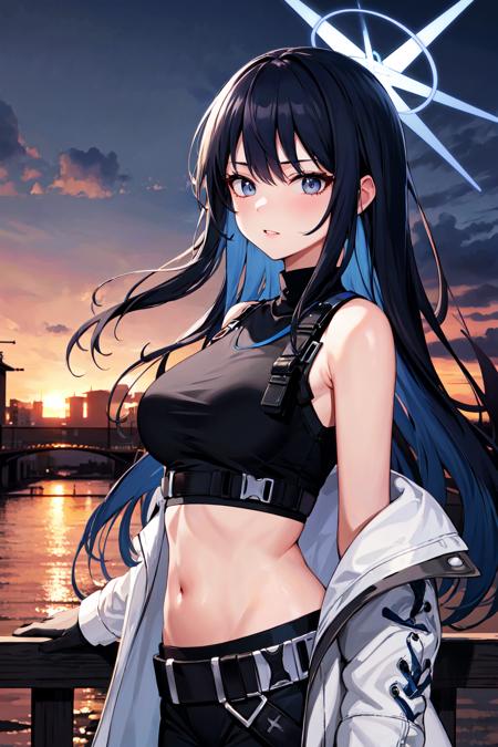 masterpiece, best quality, highres, aasaori, halo, long hair, black hair, bare shoulders, crop top, black shirt, harness, sleeveless, off shoulder, coat, black gloves, midriff, belt, black pants, <lora:saori_(blue_archive)_v1:0.7>, from side, sunset, bridge,