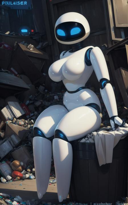 8k,4k,((Best quality, masterpiece, ultra high resolution)),((full body, by pixelsketcher)),  <lora:EVE:1>,EVE,robot, breasts,humanoid robot, blue eyes, no mouth, white skin, ,screen face,featureless feet,sitting, ((destroyed city, trash))