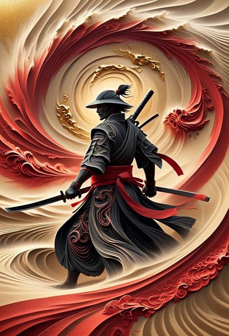 lone samurai anchored in a sandswirl tempest, armor plates forged from dark bronze sandspirals and crimson fractal patterns, katana slashing trails of shimmering gold sand particles, traditional Japanese ink wash textures, swirling dunes morphing into spectral dragons, wind-torn cloth ribbons, stark red sun casting long shadows, dynamic motion lines, ukiyo-e woodblock aesthetic, weathered metal textures, calligraphic sandstorm details, symbolic waves of grit and resolve, ethereal minimalist backdrop