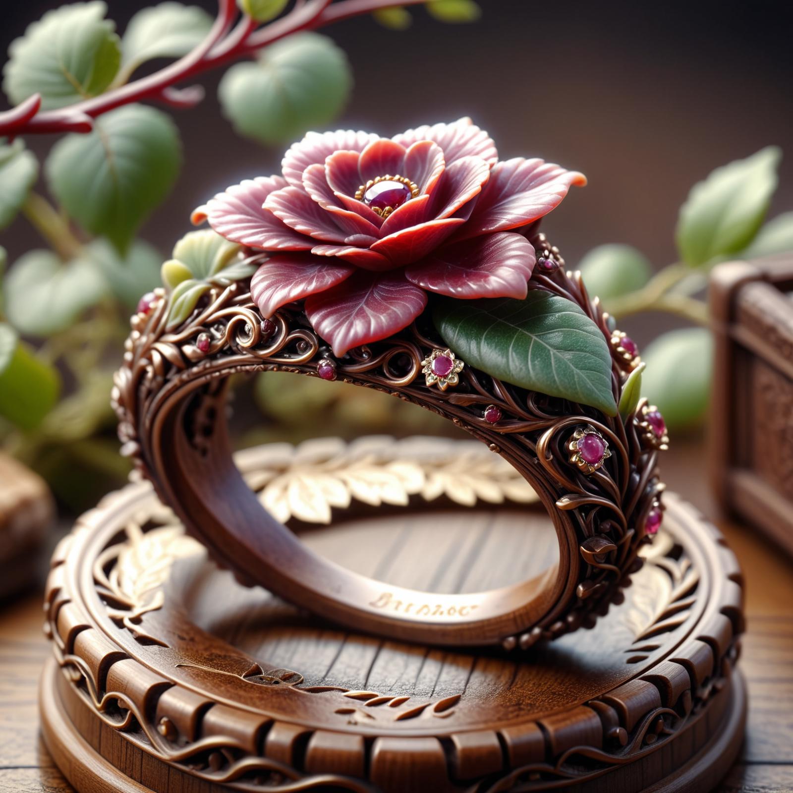 Wooden Ring with a Flower Decoration on a Wooden Table.