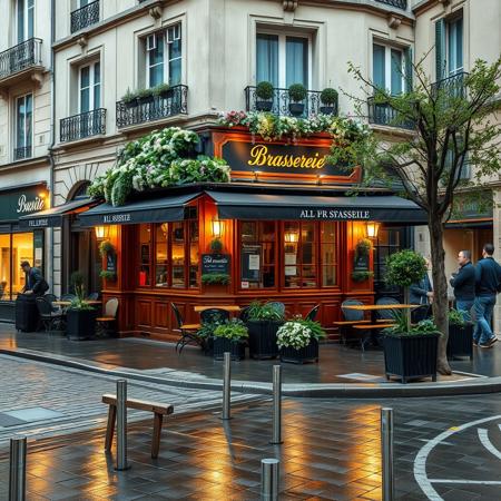 A beautifully lit and composed professional photograph of a Parisian brasserie on a busy street along the seine, the restaurant is an oasis from the busy street, tucked in and cozy, wet cobblestones, high resolution, early morning rain, weathered limestone and wood, fine details of plants and trees, ultra realistic modern day scene,