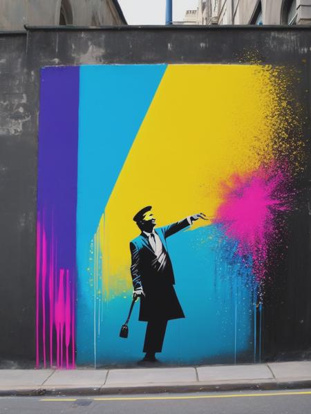 <lyco:MartinWhatson:1.0> Banksy street art, cyan yellow magenta, cobalt blue spray paint art, street art, hyperdetailed, street scene,