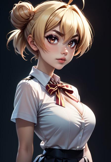 zzgakumazawatatsuko, bangs, blonde hair, hair between eyes, brown eyes, ahoge, hair bun, double bun, thick eyebrows,  zzgakumazawatatsuko, bangs, blonde hair, hair between eyes, brown eyes, ahoge, hair bun, double bun, thick eyebrows, school uniform, neck ribbon, white shirt, collared shirt, short sleeves, black skirt,