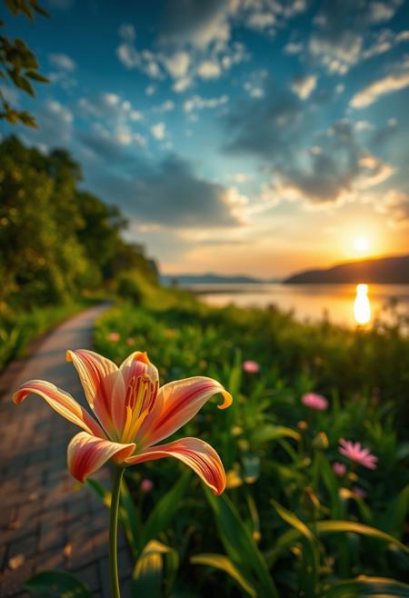 detailed background,( Calm spring night landscape), amongst lush greenery, beautiful view, lily flower in full bloom, lily flower, early morning, sunrise sky, beautiful clouds, dappled sunlight, beautiful, Tranquil Lake, Walkway, petals dancing in the wind, depth of field, masterpiece, best quality, ultra-detailed, very aesthetic, illustration, perfect composition, intricate details, absurdres, moody lighting, wisps of light, no humans,