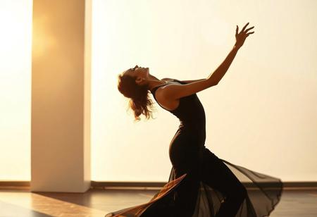 A contemporary dance photograph capturing a figure in motion with a curvaceous silhouette, styled in avant-garde haute couture. The pose features a graceful bend, emphasizing organic form against a minimalist backdrop. Shot with an 85mm f/1.4 lens, using shallow depth of field and golden-hour hues for warmth. Inspired by Helmut Newton's chiaroscuro and Art Deco geometry, rendered as a 4K hyperrealistic digital painting. Subtle motion blur adds dynamism, while soft-focus textures and metallic accents introduce futurism. Context: editorial fashion spread for Vogue Italia, 2023.