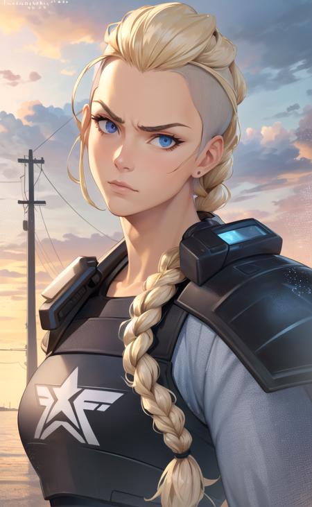 masterpiece, best quality, 1girl, solo, mature female, detailed face, detailed eyes, intricate details, braid, policewoman, heavy armor, gloves, looking at viewer, furious, muscular female, broad shoulders, ((cartoon)), (((realistic)))