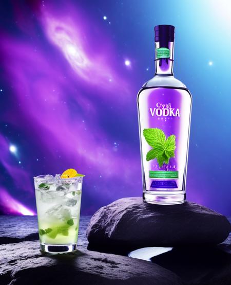 studio photography of (crystal glass vodka bottle) standing on meteorite stone next to mojito cocktail drink (in deep space  galaxy nebulae cave setting:1.1), Andries Stock, product photo, a computer rendering, arbeitsrat fr kunst, ambient occlusion, soft shadows