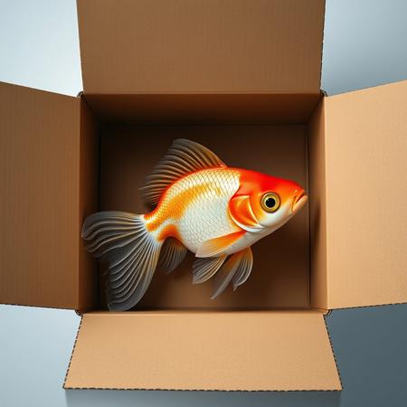 high quality, detailed, source_3d, source_photo,
BREAK cardboard box, top down view of cardboard box, open box, goldfish laying on its side at the bottom of the box, goldfish is motionless, goldfish eye looking at view,