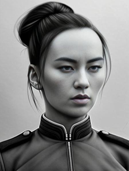 beautiful slim GeeCara , hair in tight bun, dark moody charcoal  drawing , military sci-fi uniform, intricate details , trending on artstation,,